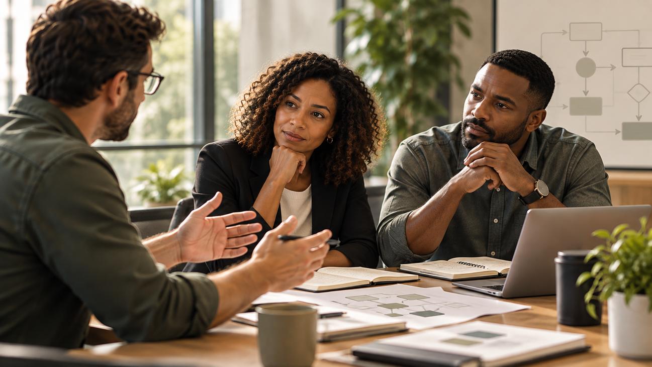 Business owners and a consultant discussing a process together