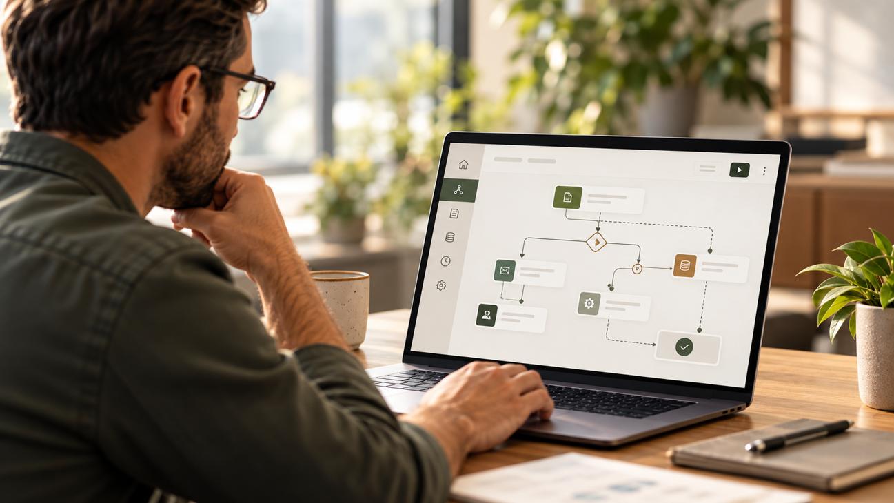 Professional reviewing a digital automation workflow on a laptop